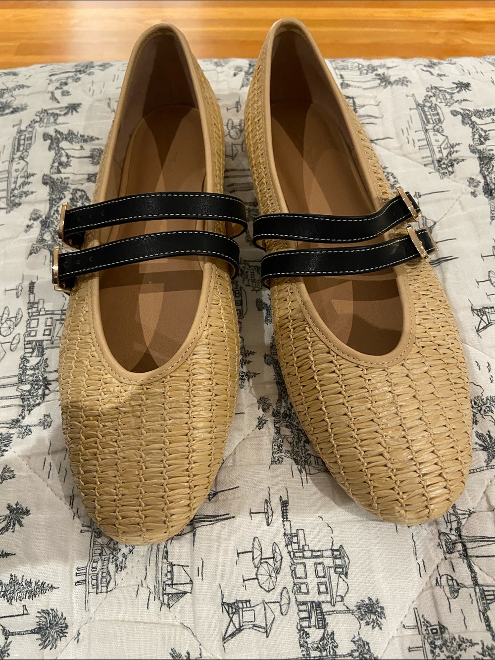 Universal Thread Tan Woven Ballet Flats with Black Double Straps